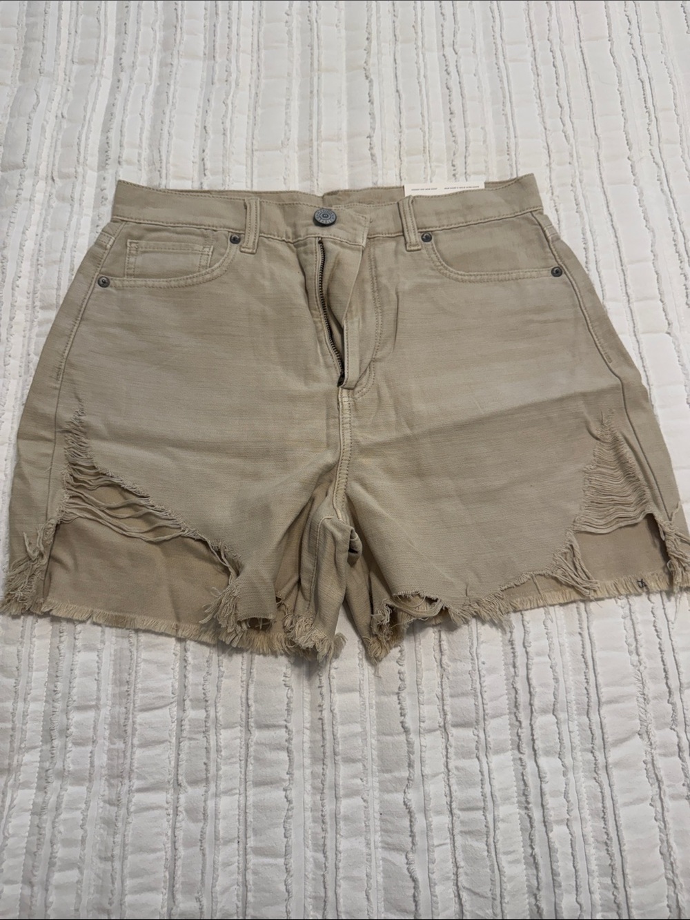 American Eagle Outfitters Beige Distressed High-Rise Jean Shorts